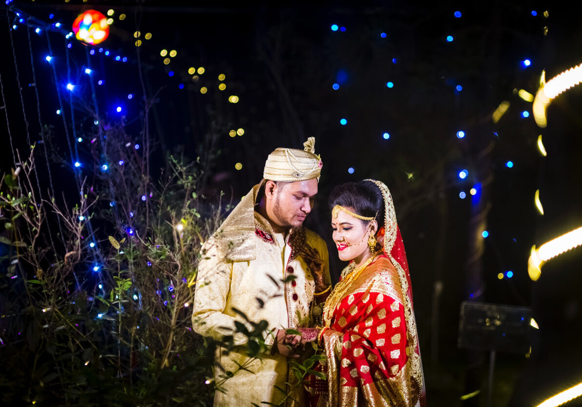 An Indian couple with nature theme wedding